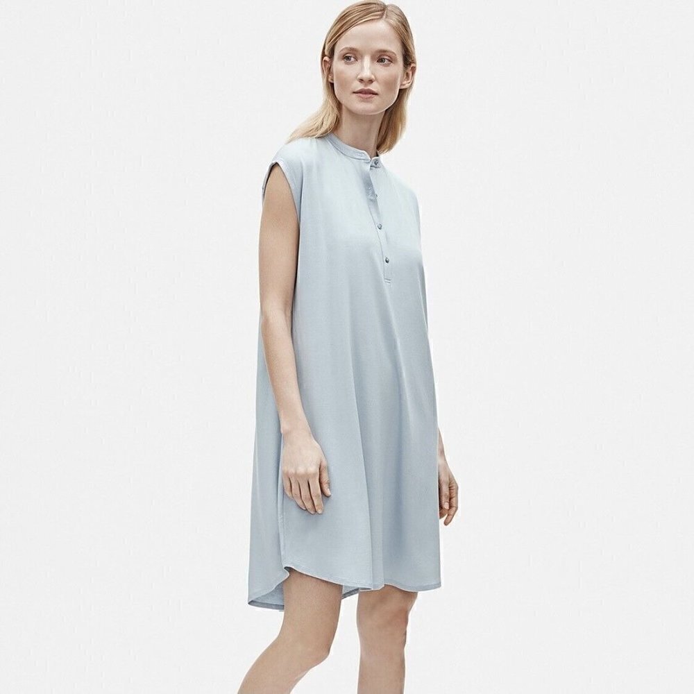 NEW Eileen  Fisher Fine Jersey Mandarin Collar Dress Dawn Blue $178 Medium P